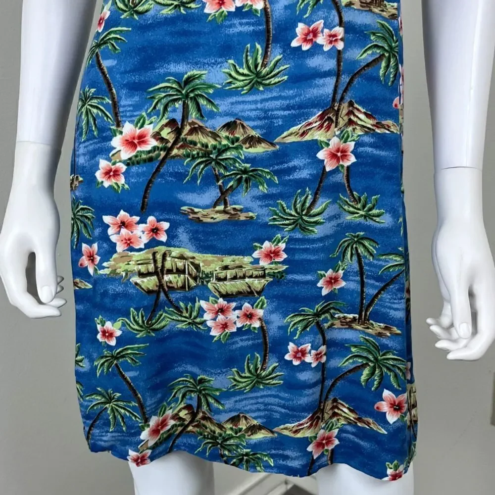 Vintage Women Size M Blue Floral Tropical Hawaiian Novelty Y2K Mini Slip Dress
